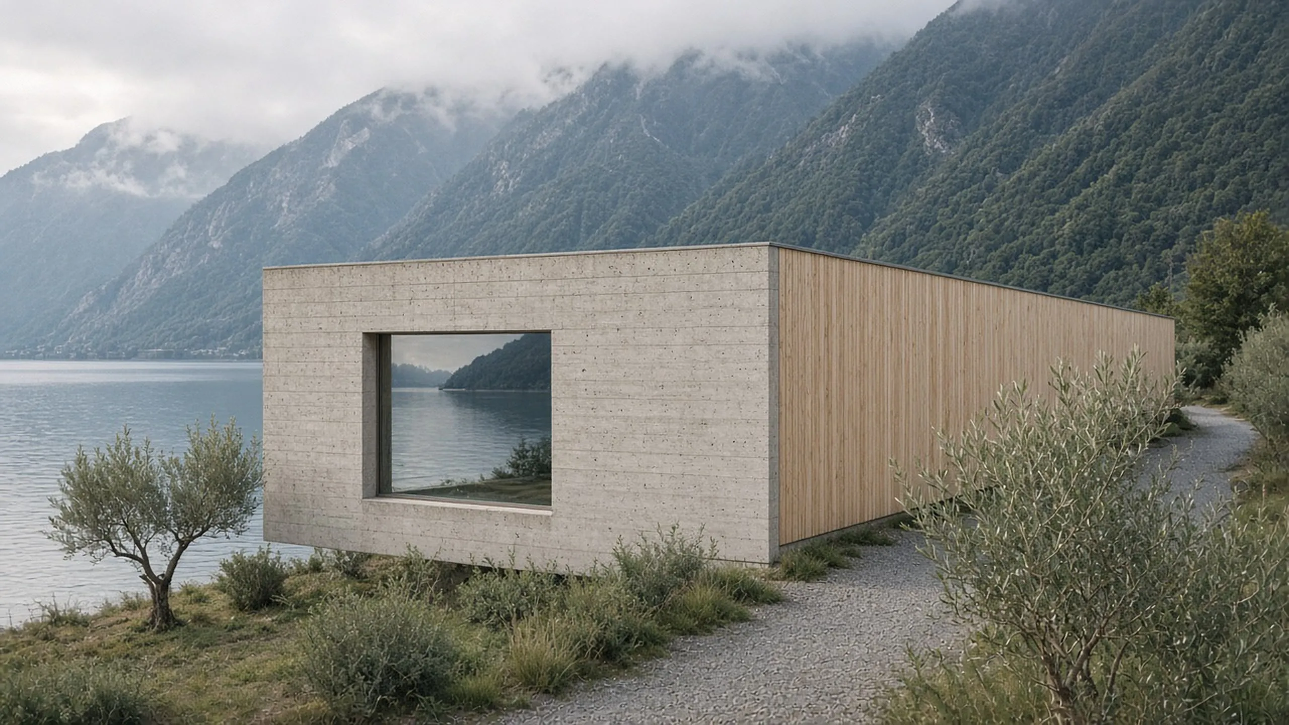 A low concrete and larch house on the shore of Lake Como, with one large window facing the water
