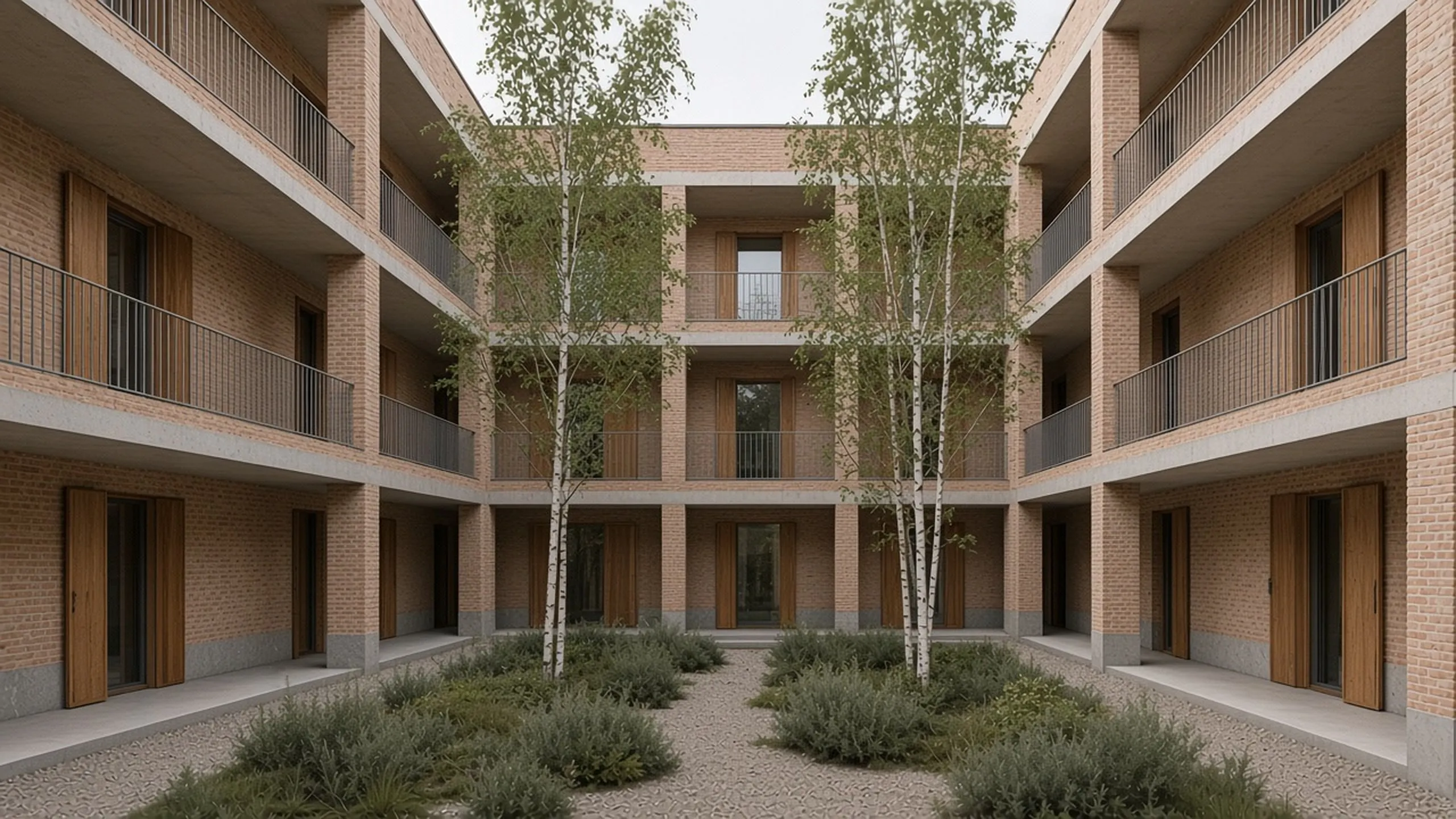 A courtyard of pale brick housing with deep loggias, timber shutters and birch trees