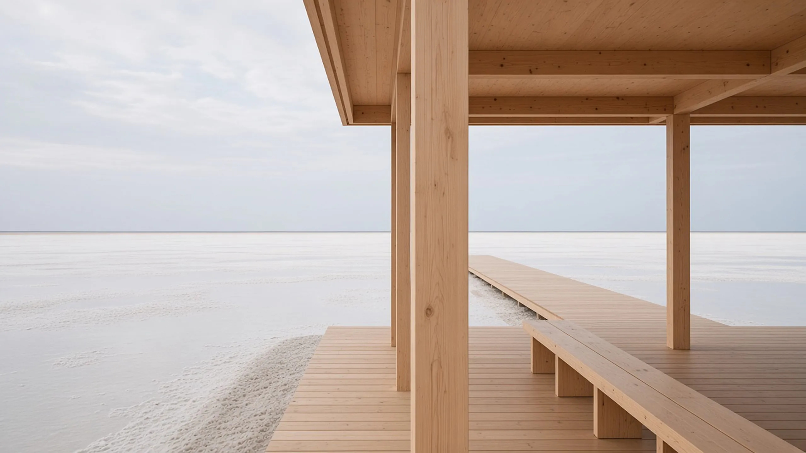 The timber deck and bench of the Cervia pavilion, looking out over the white salt pans