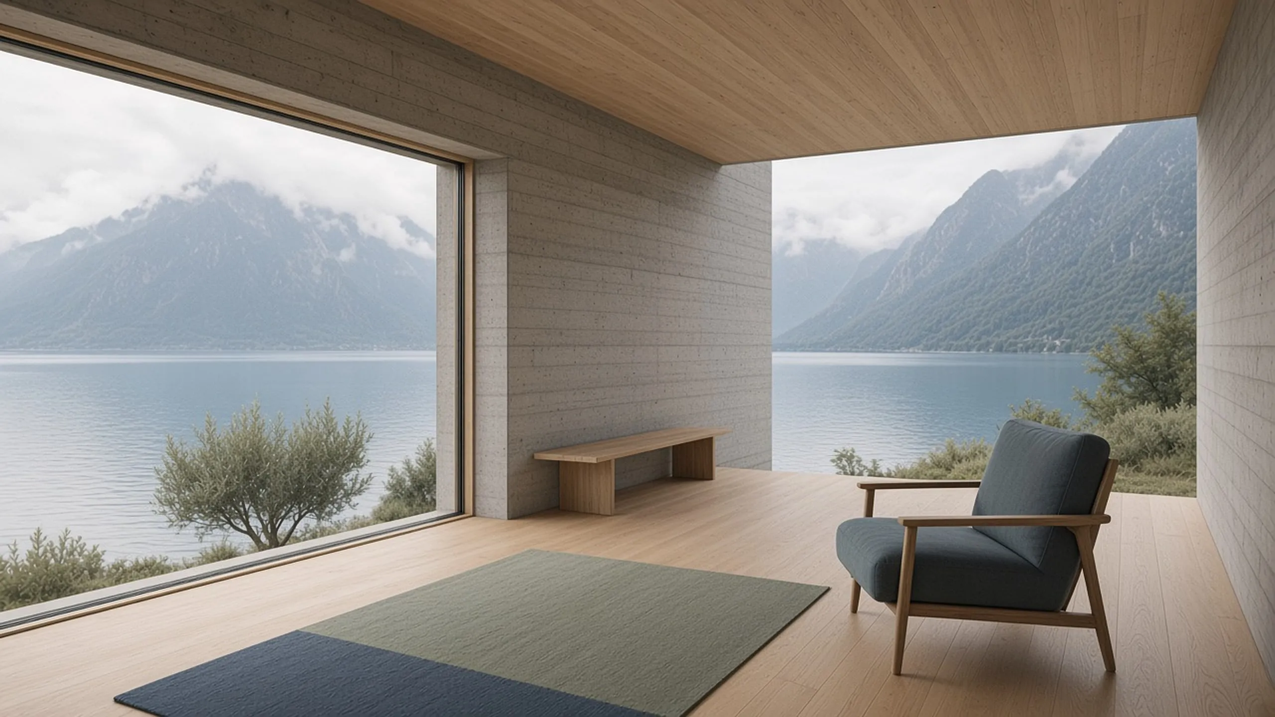 The living room of Casa Lario: board-marked concrete walls, a larch ceiling and a frameless window onto the lake