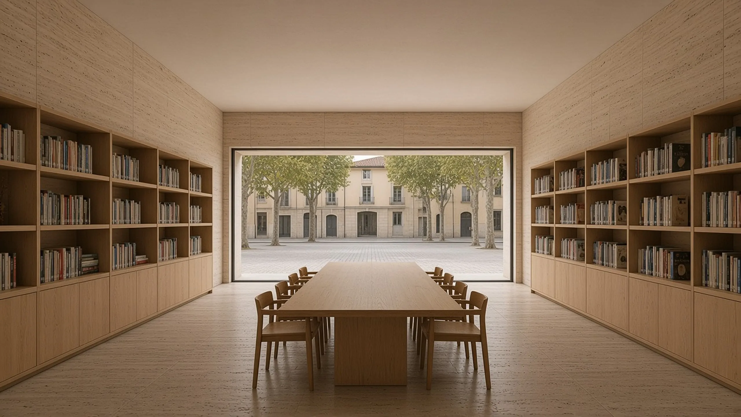 The reading room: oak shelves along both walls, a long oak table and a wide window onto the plane trees in the square